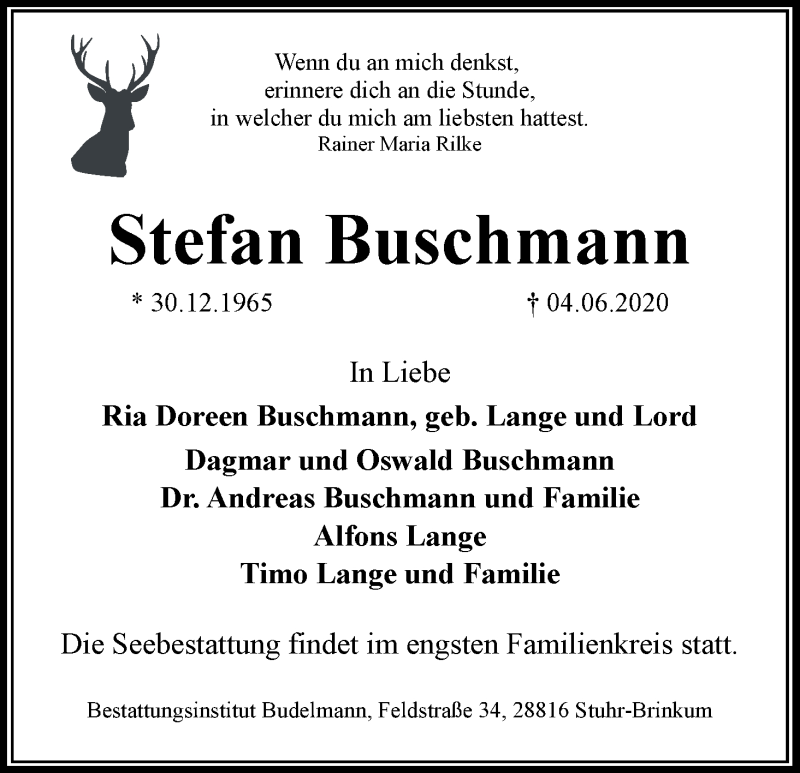 Traueranzeige von Stefan Buschmann von WESER-KURIER