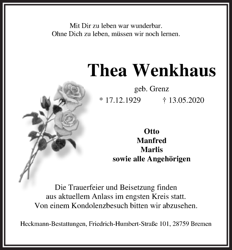 Traueranzeige von Thea Wenkhaus von Die Norddeutsche