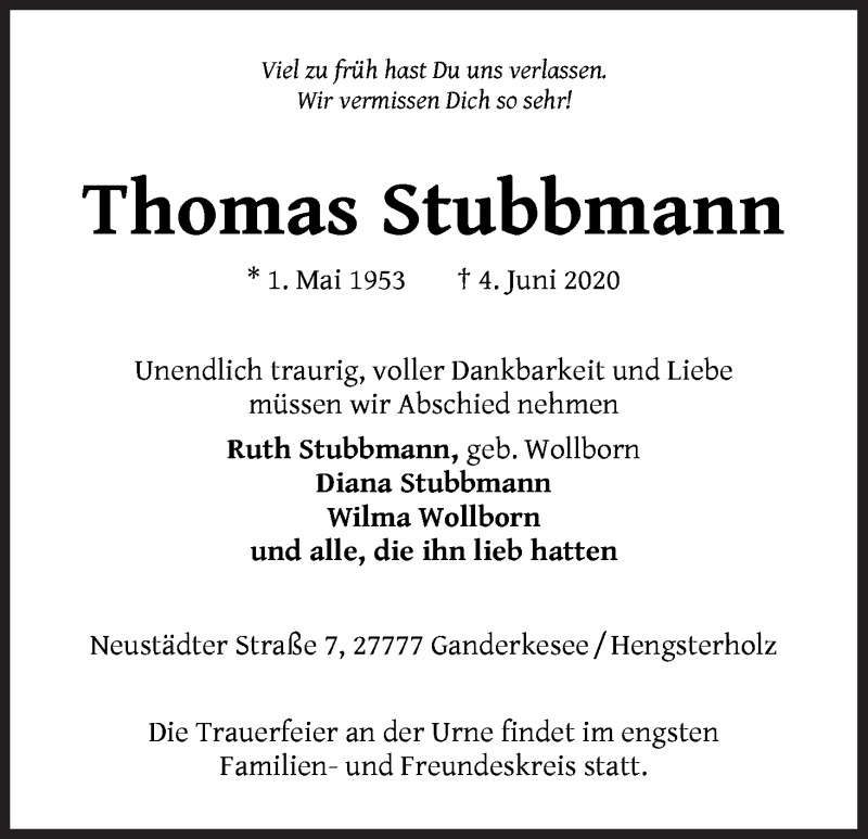 Traueranzeige von Thomas Stubbmann von WESER-KURIER