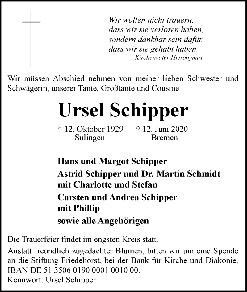 Traueranzeige von Ursel Schipper von WESER-KURIER