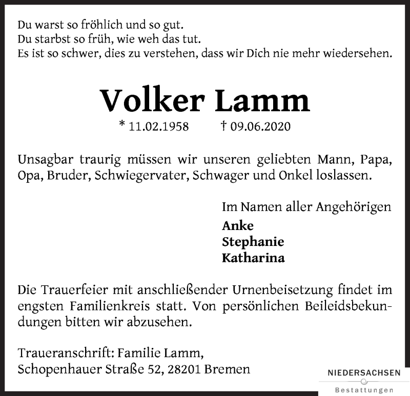 Traueranzeige von Volker Bernhard Lamm von WESER-KURIER