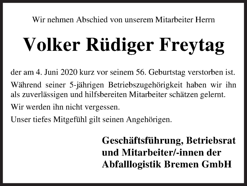 Traueranzeige von Volker Rüdiger Freytag von WESER-KURIER