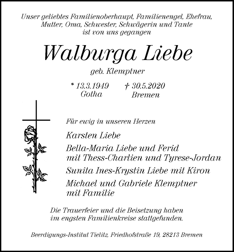 Traueranzeige von Walburga Liebe von WESER-KURIER