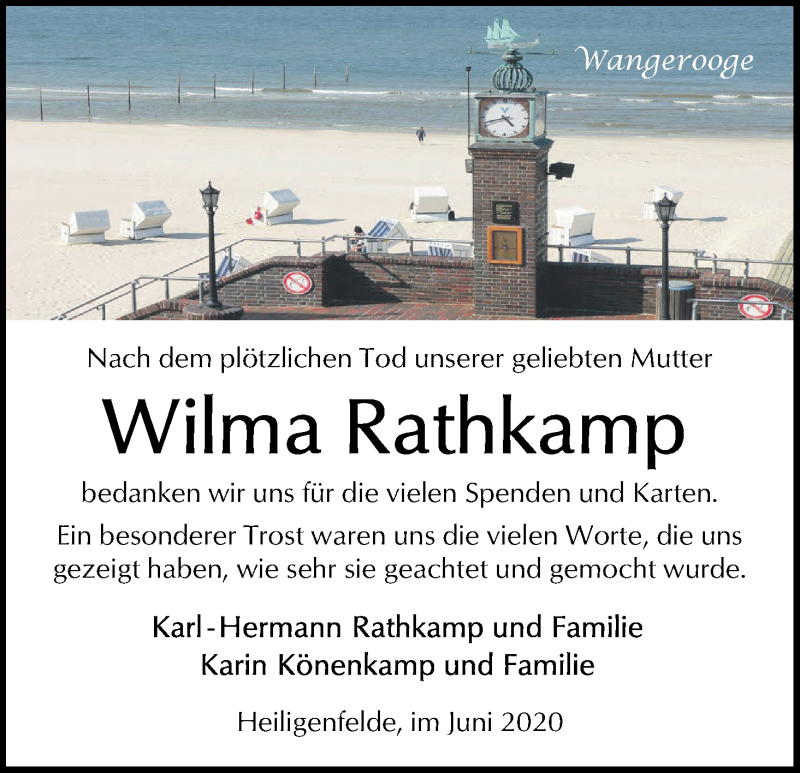 Traueranzeige von Wilma Rathkamp von Regionale Rundschau/Syker Kurier