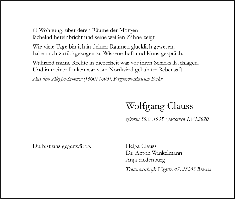 Traueranzeige von Wolfgang Clauss von WESER-KURIER