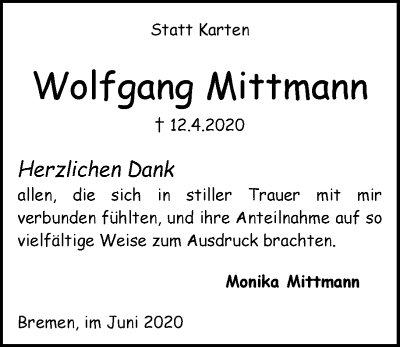 Traueranzeige von Wolfgang Mittmann von WESER-KURIER