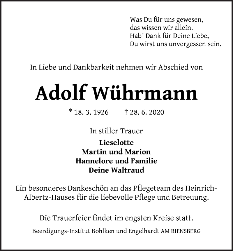 Traueranzeige von Adolf Wührmann von WESER-KURIER