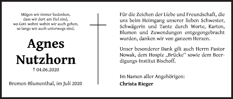Traueranzeige von Agnes Nutzhorn von Die Norddeutsche