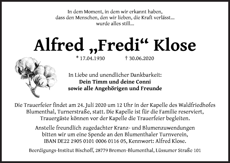 Traueranzeige von Alfred Klose von Die Norddeutsche