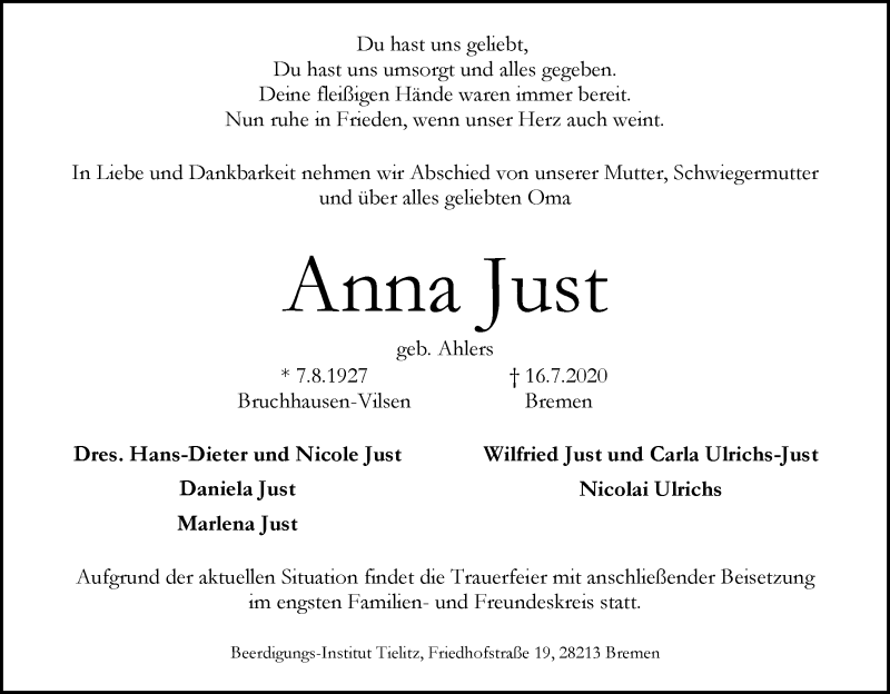 Traueranzeige von Anna Just von WESER-KURIER