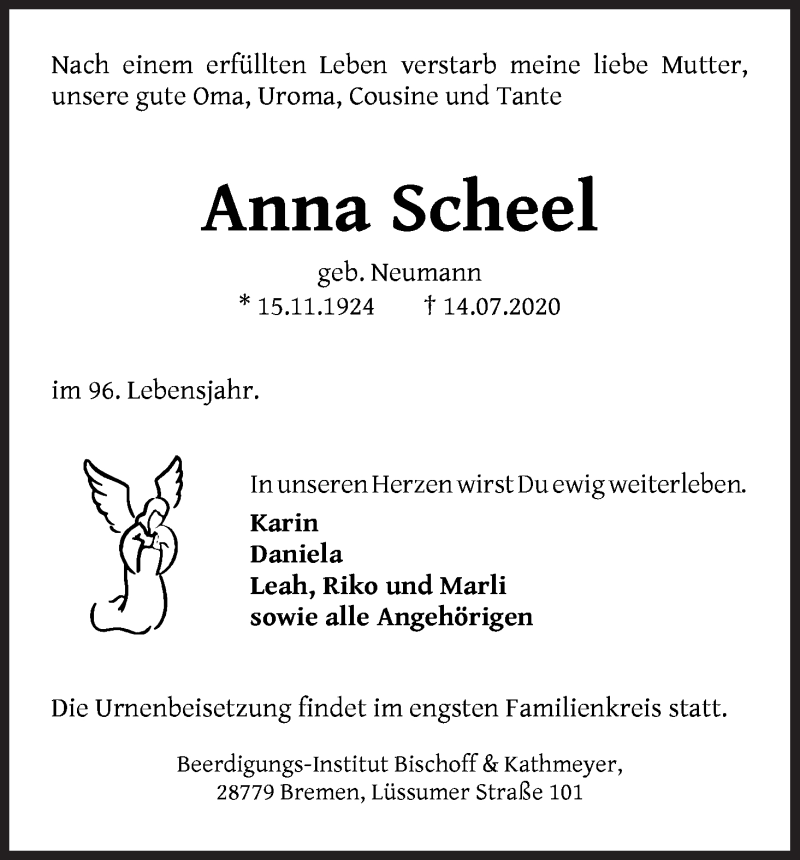 Traueranzeige von Anna Scheel von Die Norddeutsche