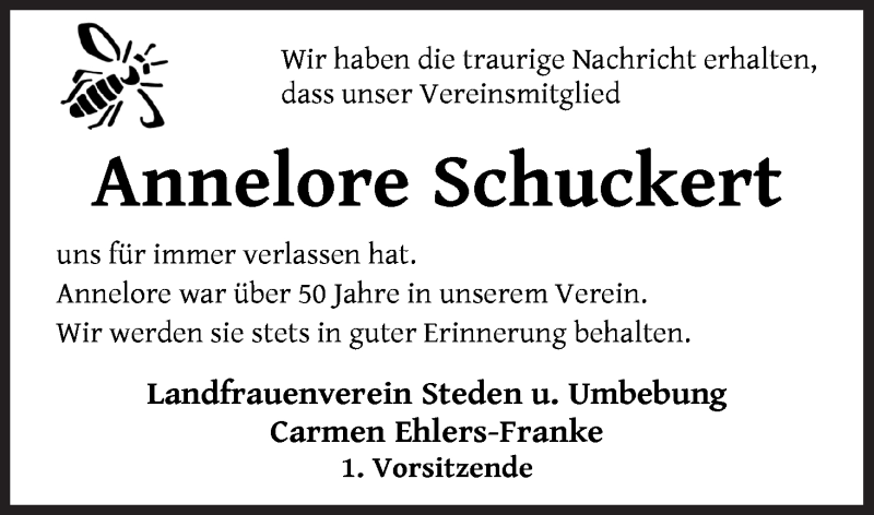 Traueranzeige von Annelore Schuckert von Osterholzer Kreisblatt