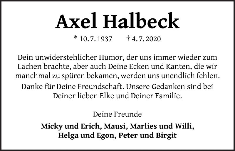 Traueranzeige von Axel Halbeck von WESER-KURIER