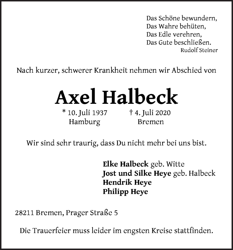 Traueranzeige von Axel Halbeck von WESER-KURIER