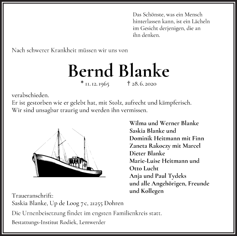 Traueranzeige von Bernd Blanke von Die Norddeutsche