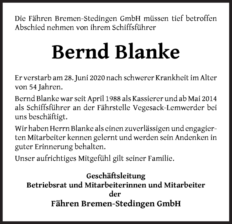 Traueranzeige von Bernd Blanke von Die Norddeutsche