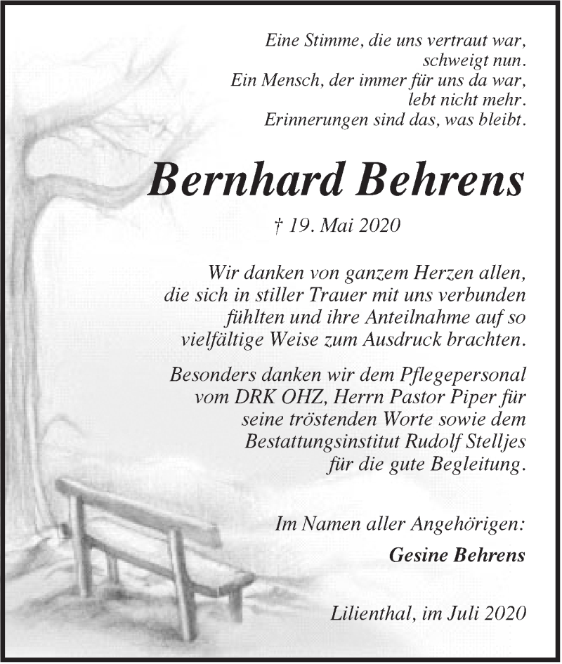 Traueranzeige von Bernhard Behrens von Wuemme Zeitung