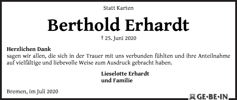 Traueranzeige von Berthold Erhardt von WESER-KURIER