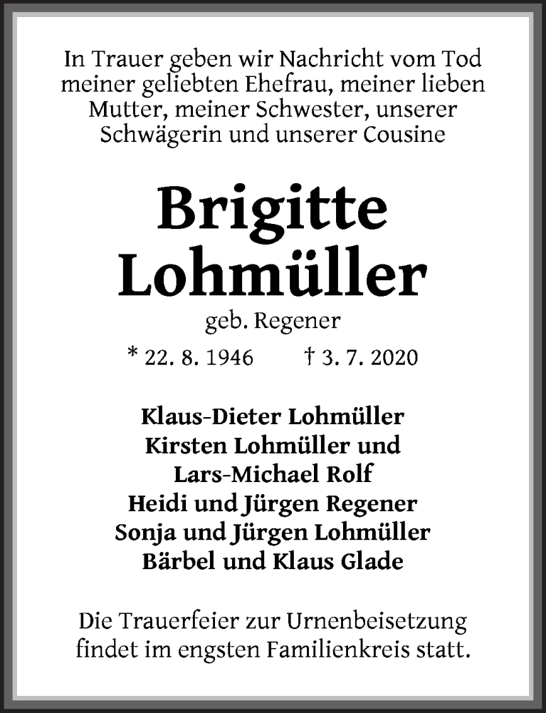 Traueranzeige von Brigitte Lohmüller von Die Norddeutsche
