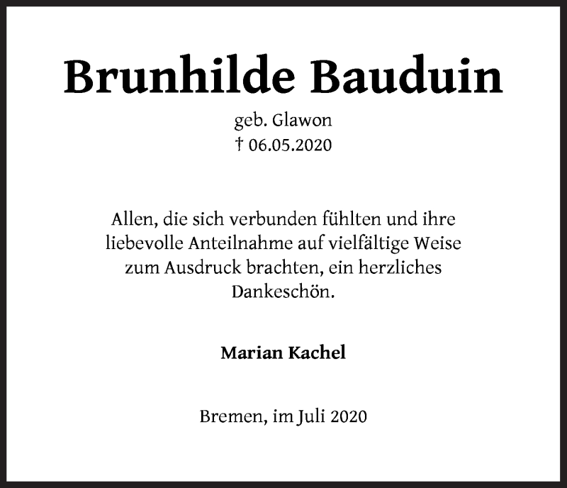 Traueranzeige von Brunhilde Bauduin von Die Norddeutsche