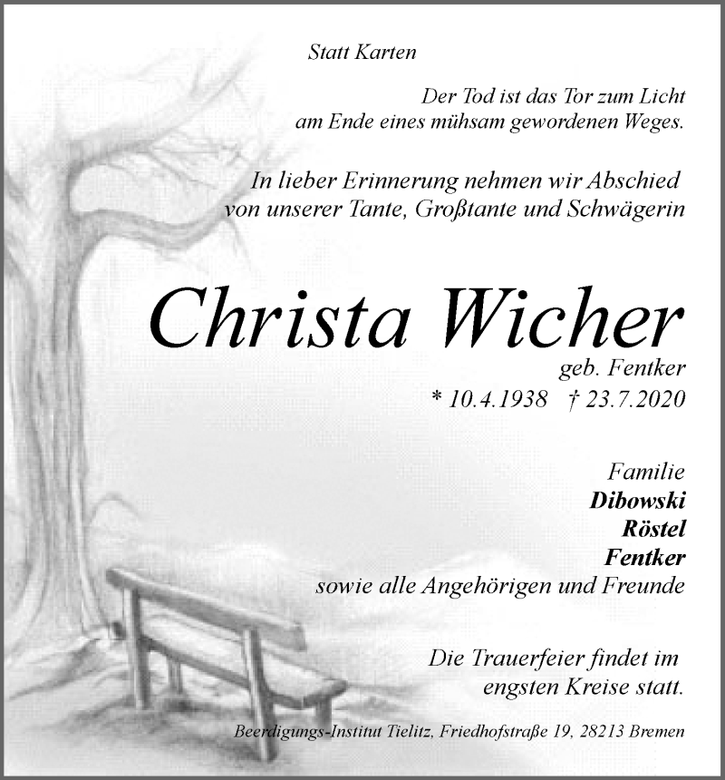 Traueranzeige von Christa Wicher von WESER-KURIER
