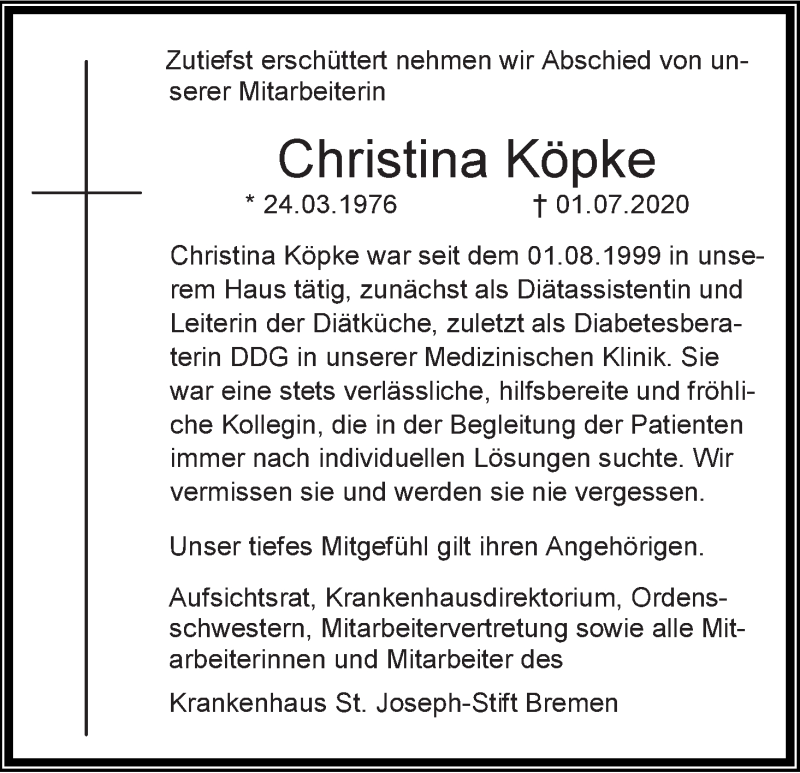 Traueranzeige von Christina Köpke von WESER-KURIER