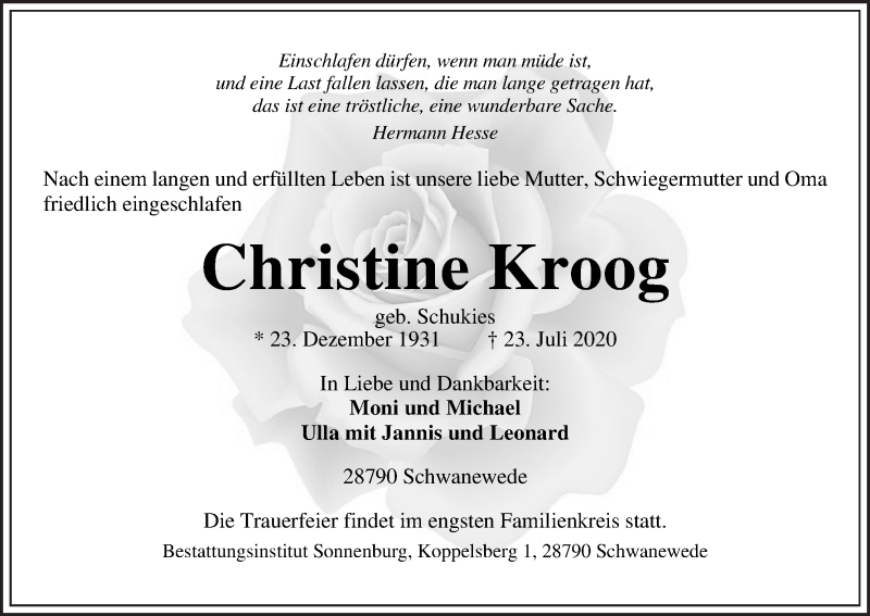 Traueranzeige von Christine Kroog von Die Norddeutsche