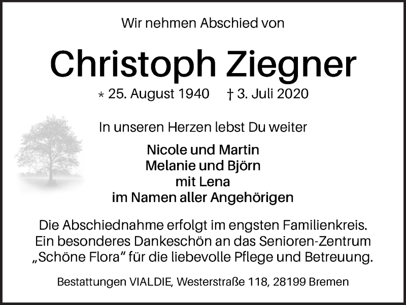 Traueranzeige von Christoph Ziegner von WESER-KURIER