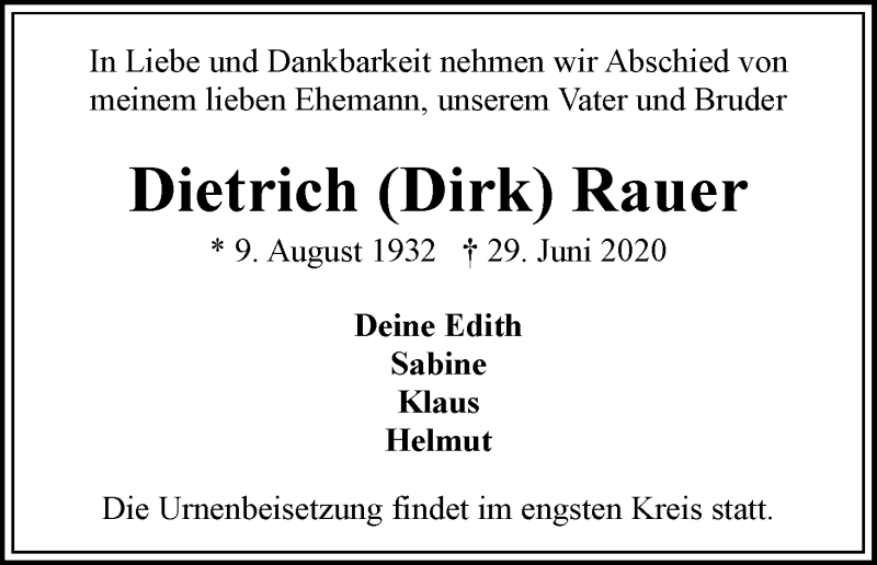 Traueranzeige von Dietrich Rauer von WESER-KURIER