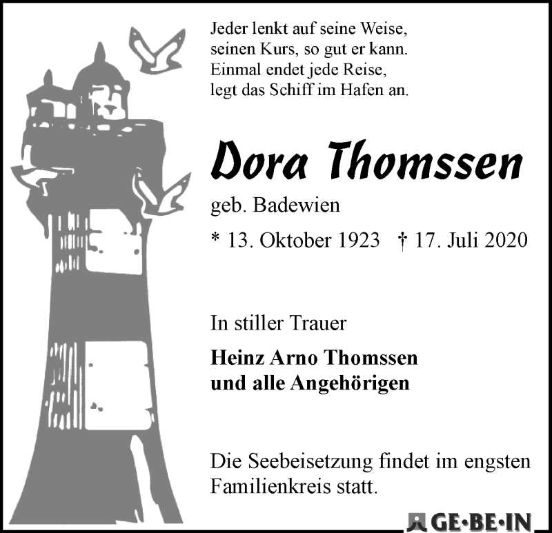 Traueranzeige von Dora Thomssen von Die Norddeutsche