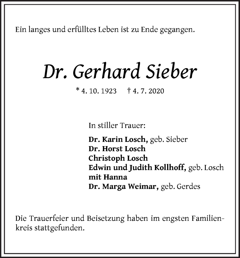 Traueranzeige von Dr. Gerhard Sieber von WESER-KURIER