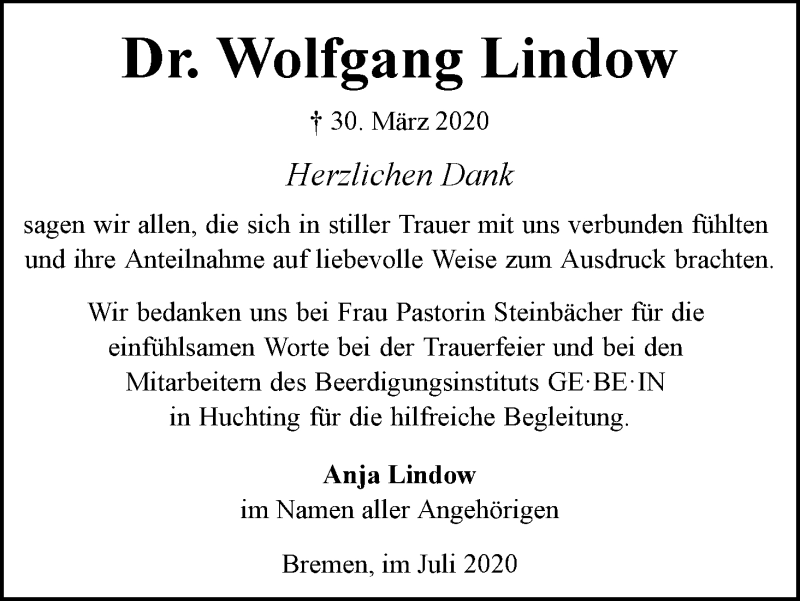 Traueranzeige von Dr. Wolfgang Lindow von WESER-KURIER