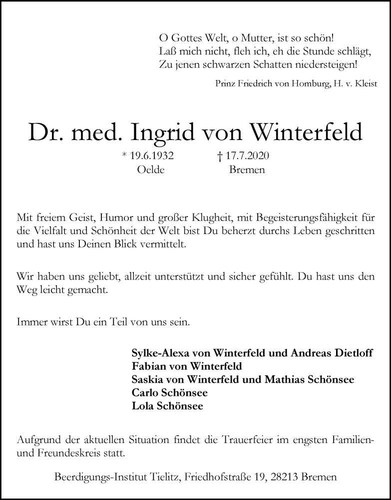 Traueranzeige von Dr. med. Ingrid von Winterfeld von WESER-KURIER