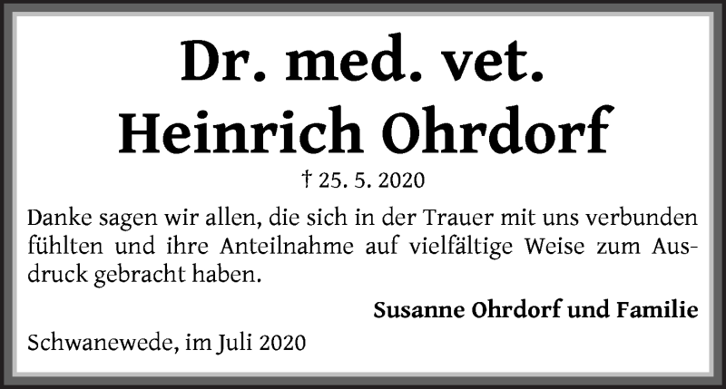 Traueranzeige von Dr. med. vet. Heinrich Ohrdorf von Die Norddeutsche