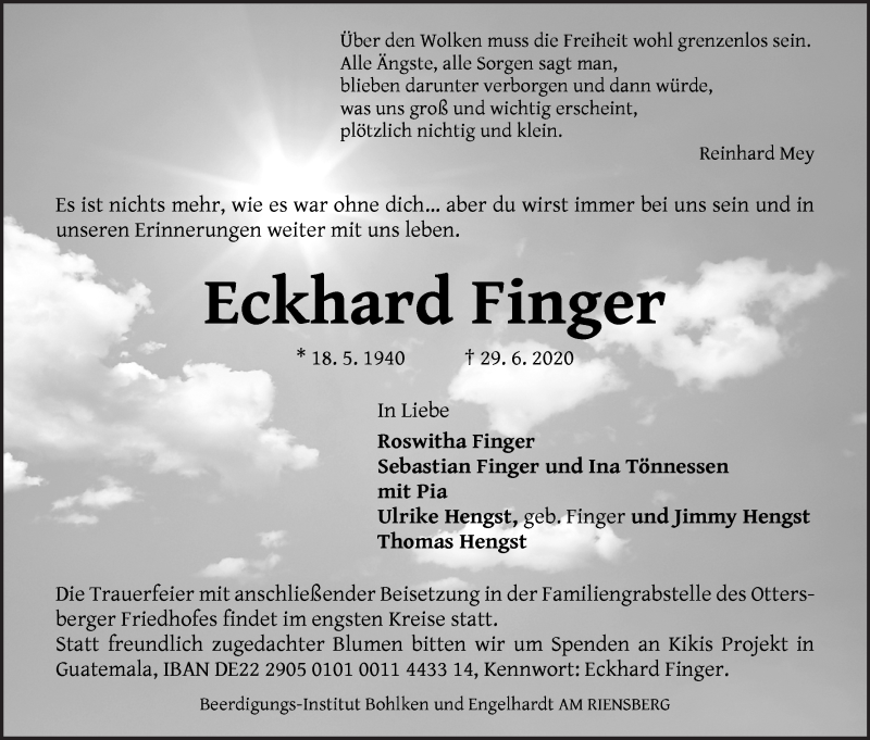 Traueranzeige von Eckhard Finger von WESER-KURIER