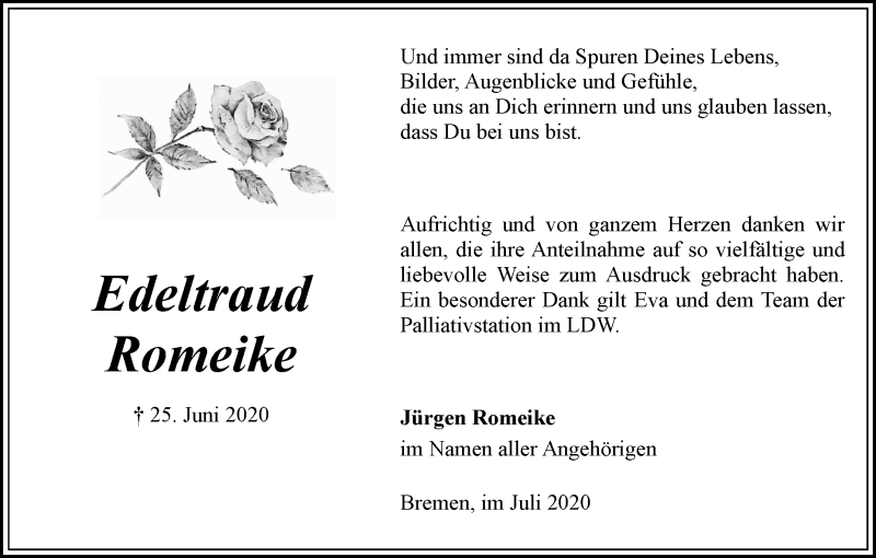 Traueranzeige von Edeltraud Romeike von WESER-KURIER