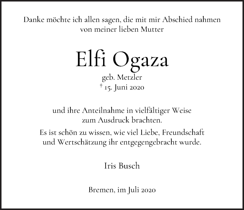 Traueranzeige von Elfi Ogaza von WESER-KURIER