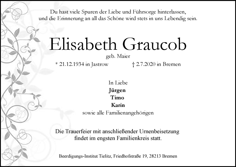 Traueranzeige von Elisabeth Graucob von WESER-KURIER