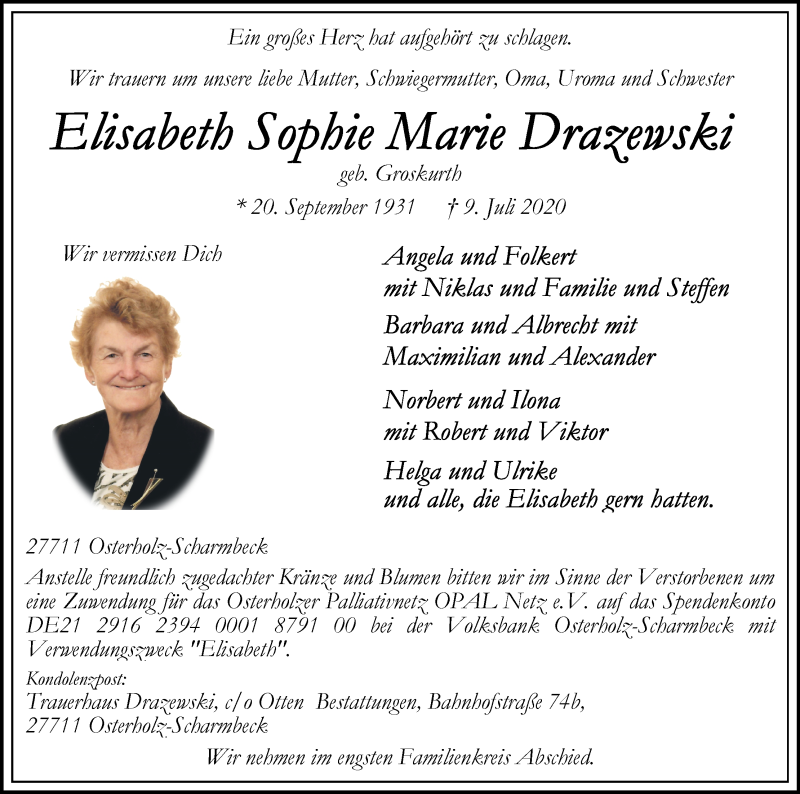 Traueranzeige von Elisabeth Sophie Marie Drazewski von Osterholzer Kreisblatt