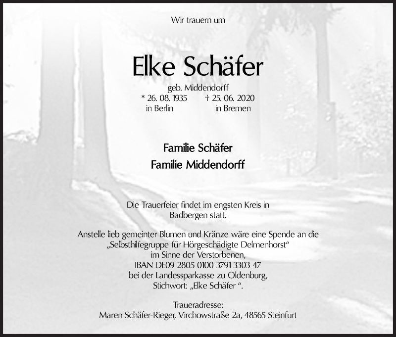 Traueranzeige von Elke Schäfer von WESER-KURIER