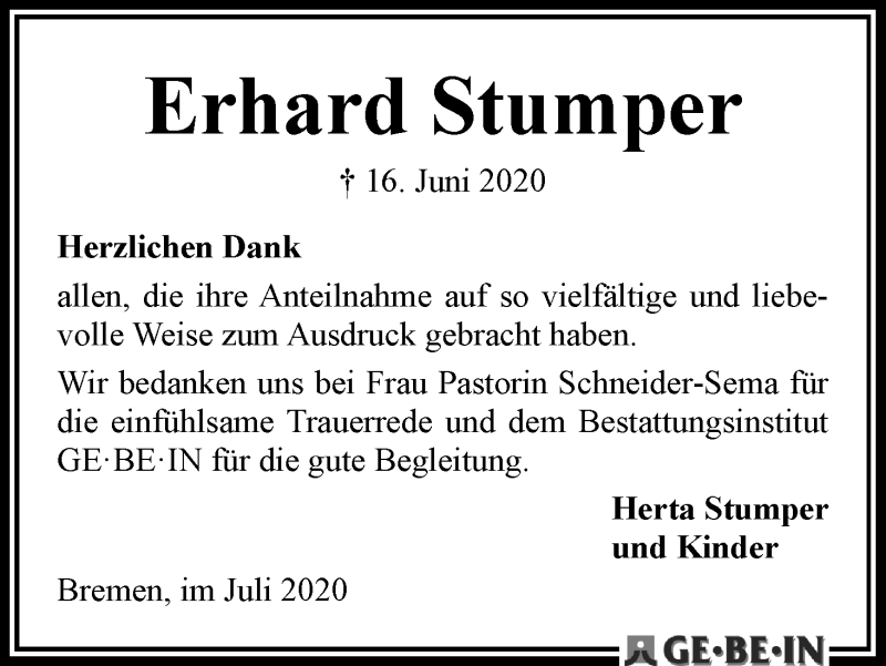 Traueranzeige von Erhard Stumper von WESER-KURIER