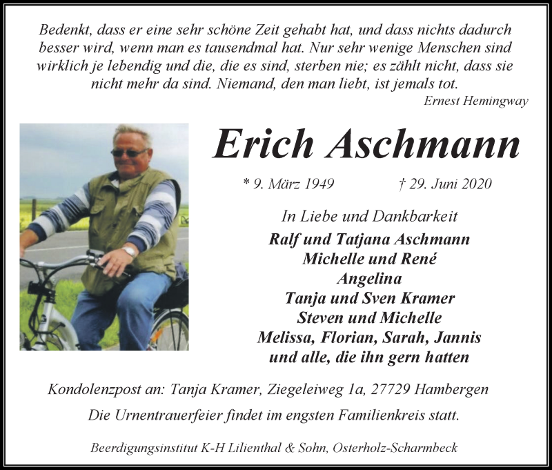 Traueranzeige von Erich Aschmann von Osterholzer Kreisblatt