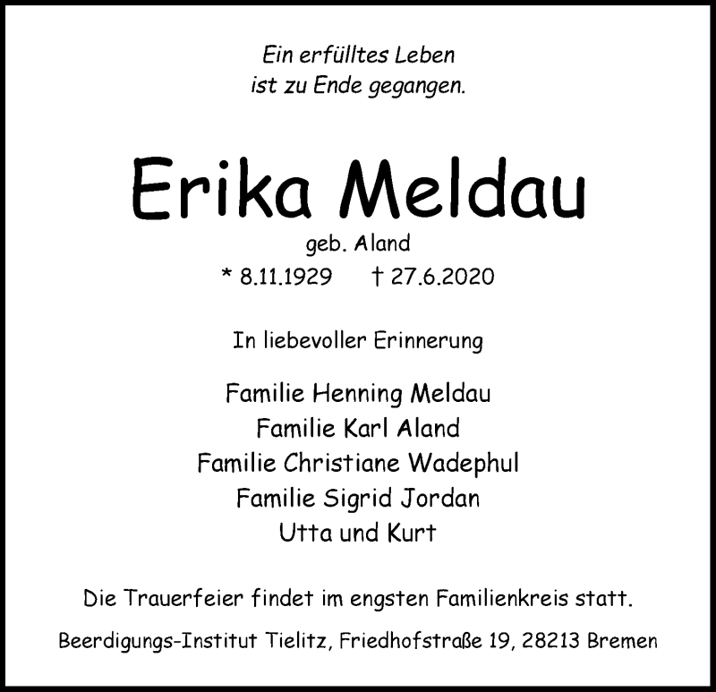 Traueranzeige von Erika Meldau von WESER-KURIER