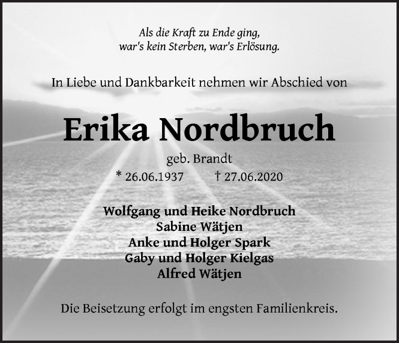 Traueranzeige von Erika Nordbruch von WESER-KURIER