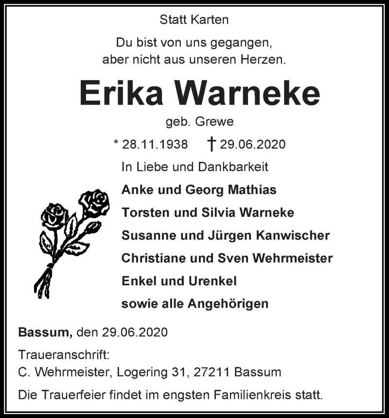 Traueranzeige von Erika Warneke von WESER-KURIER