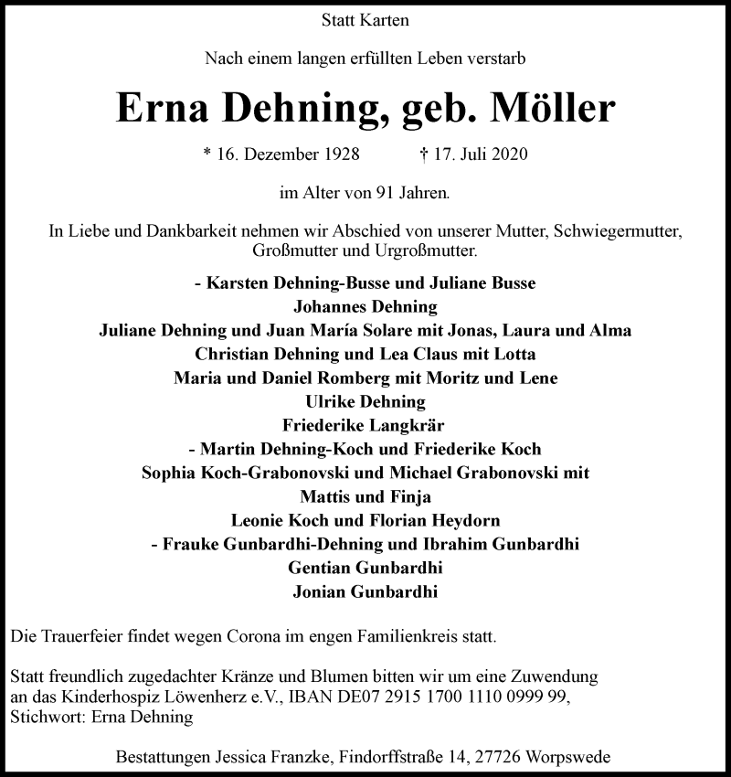 Traueranzeige von Erna Dehning von Wuemme Zeitung
