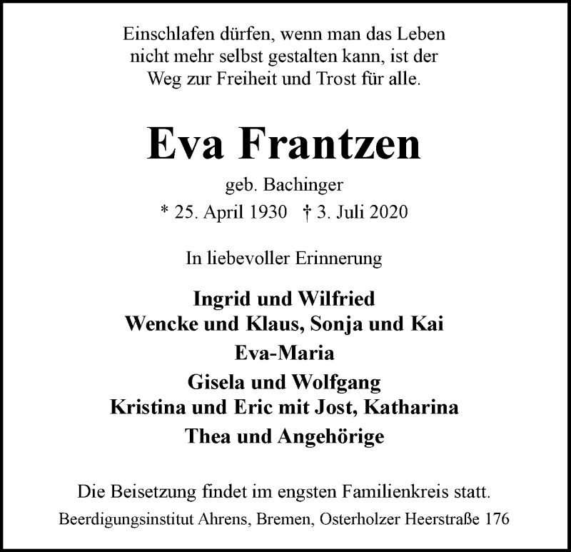 Traueranzeige von Eva Frantzen von WESER-KURIER