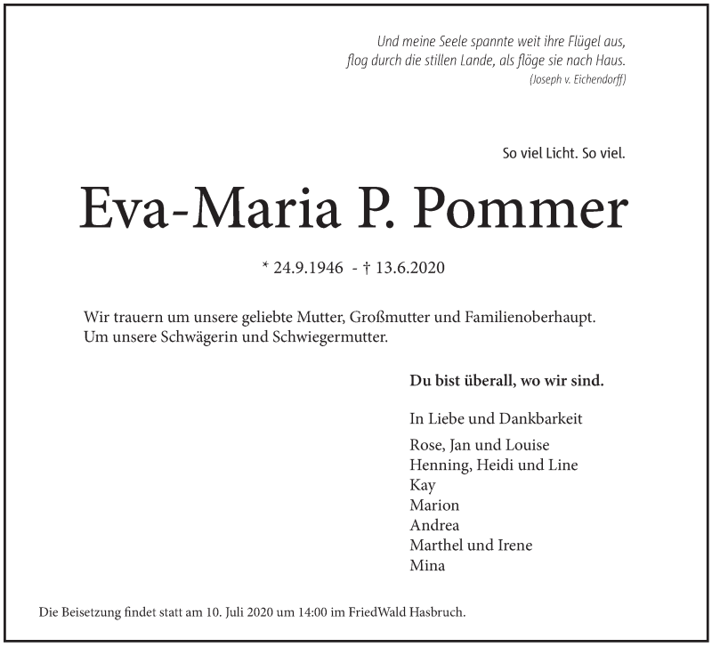 Traueranzeige von Eva-Maria P. Pommer von WESER-KURIER