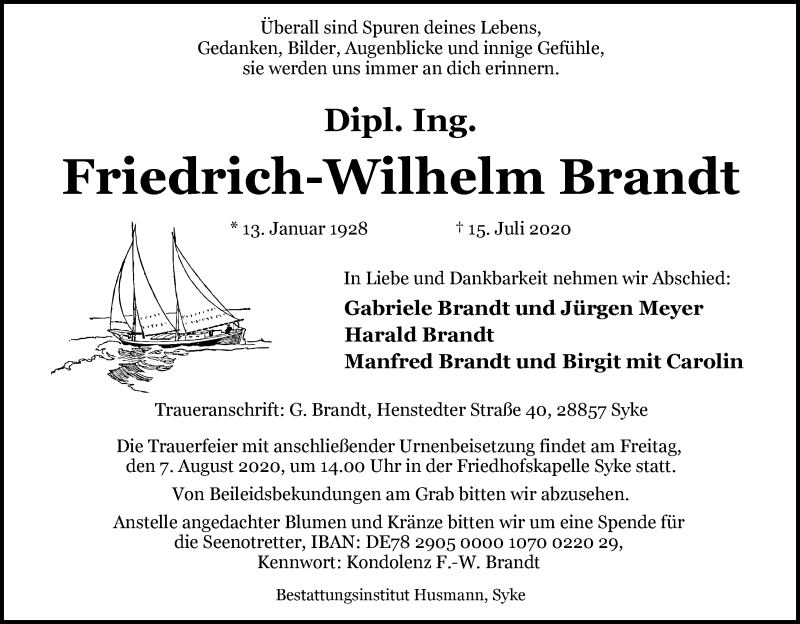 Traueranzeige von Friedrich Wilhelm Brandt von WESER-KURIER