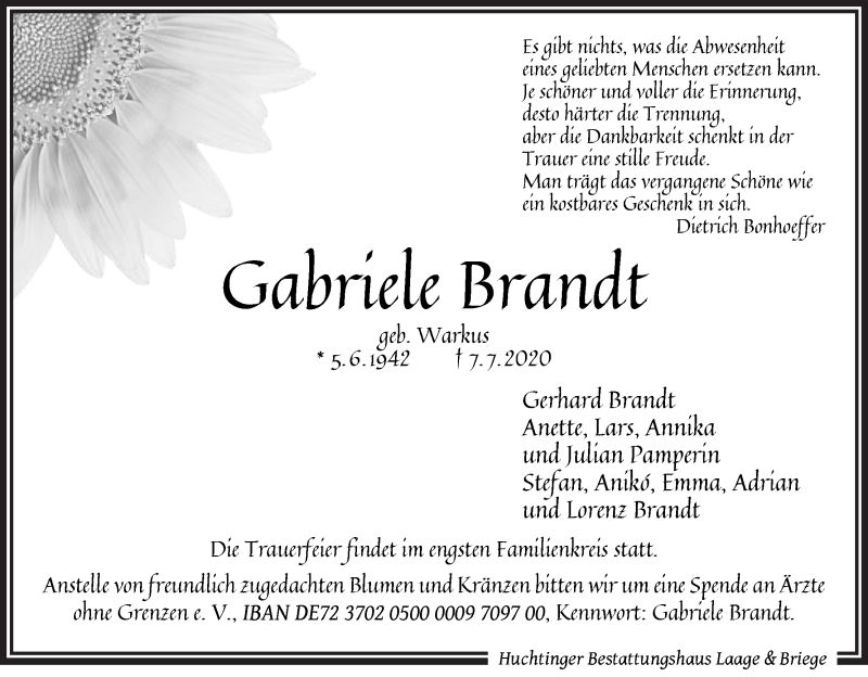 Traueranzeige von Gabriele Brandt von WESER-KURIER